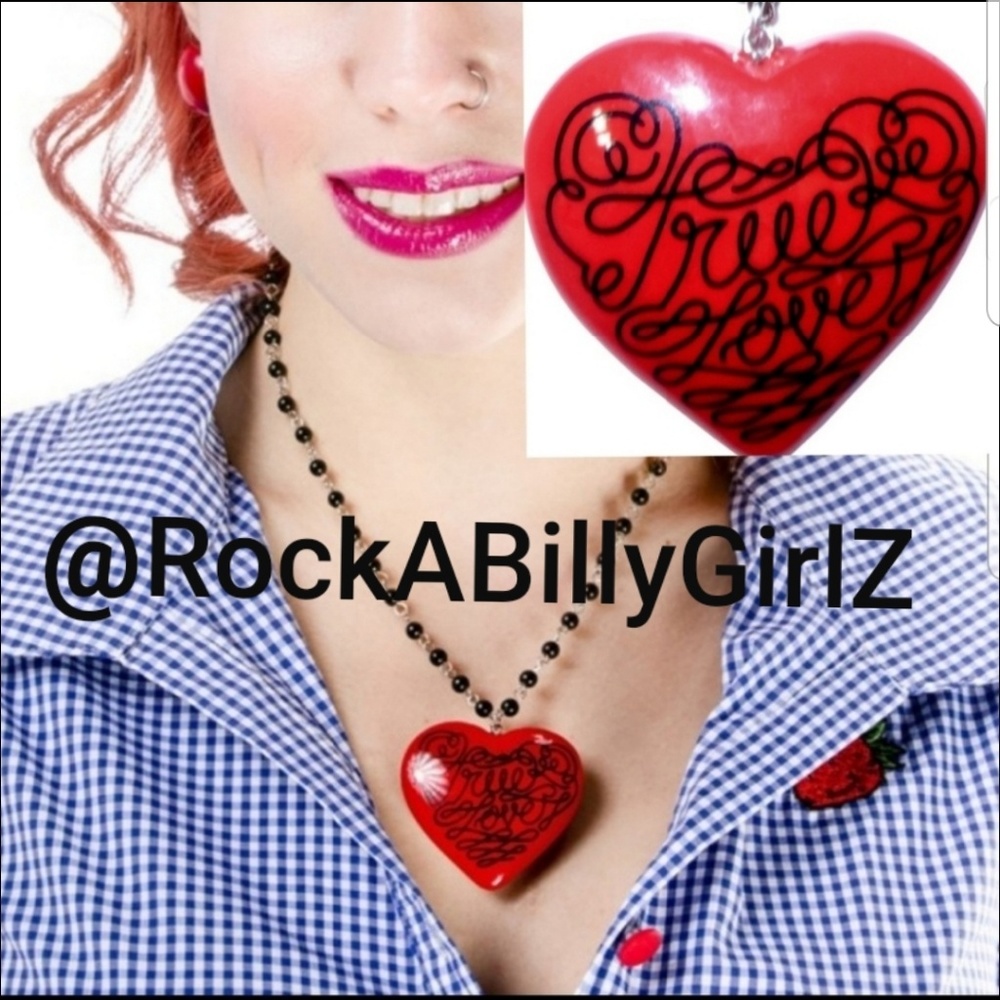 Sourpuss True Love Necklace Large 1.875"x1.75" Red Glass Scroll Heart Charm